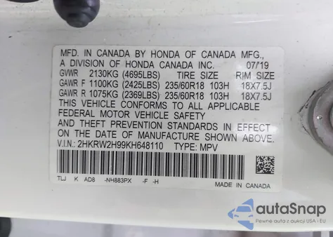 2019 Honda Cr-V Touring from USA, damaged, VIN 2HKRW2H99KH648110